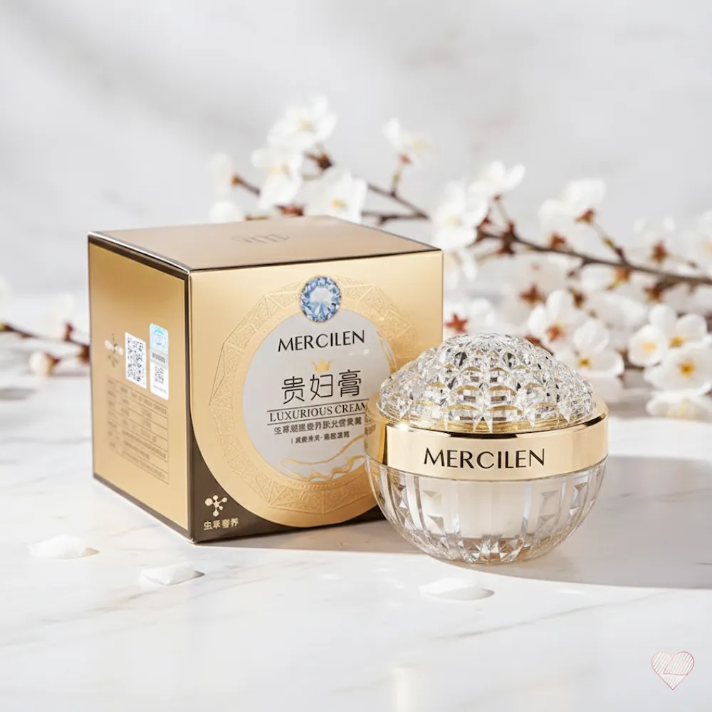 Kirkas kristallimainen Mercilen Cordyceps & C-vitamiini -kasvovoidepurkki ja kultainen pakkaus, jossa on sininen jalokivikuvio.