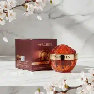 Oranssi, jalokiveä muistuttava Mercilen Ganoderma & Collagen -kasvovoidepurkki ja viininpunainen pakkaus.