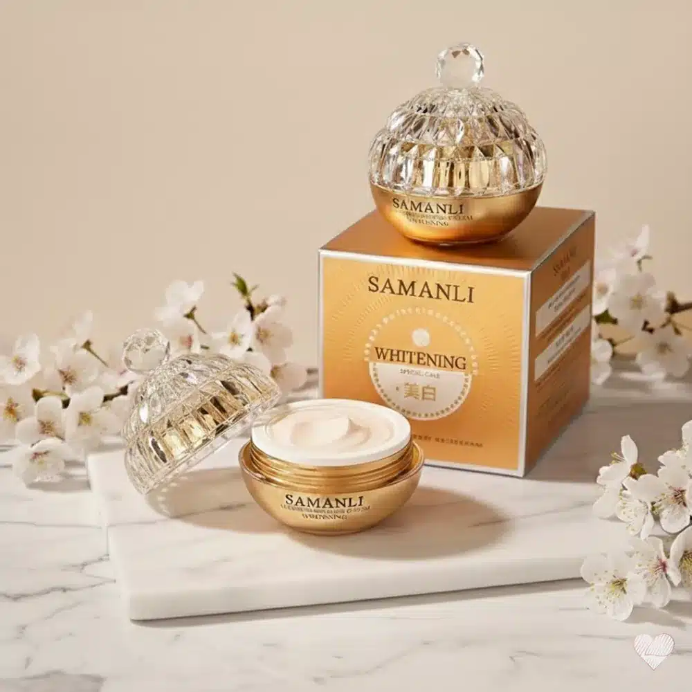 Kullanhohtoinen, kristallimaisesti muotoiltu Mercilen Glutathione & Collagen -kasvovoidepurkki ja tyylikäs kultainen pakkaus.