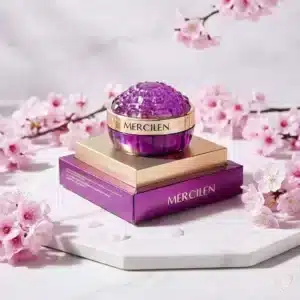 Violetti jalokivimäinen Mercilen-kollageenikasvovoidetölkki kultaisilla yksityiskohdilla ja sen tyylikäs tuotepakkaus.