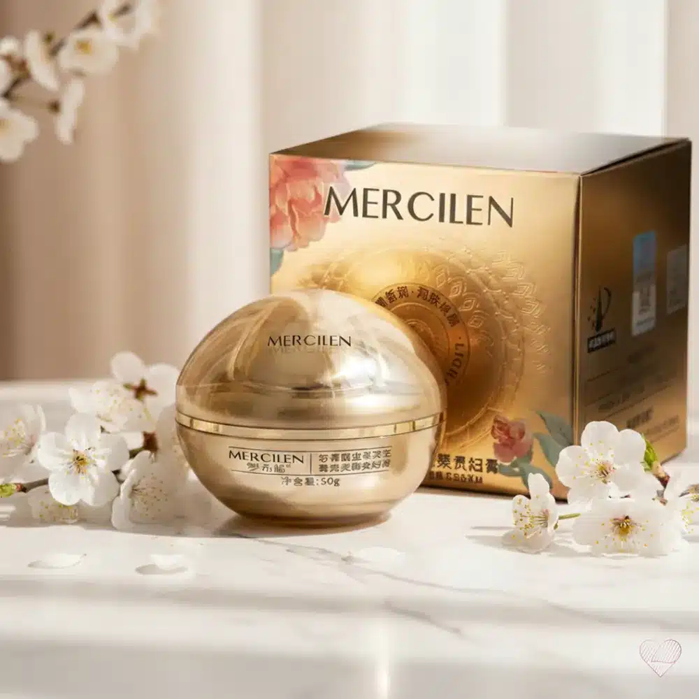 Pyöreä kultainen Mercilen Ganoderma -kasvovoidetölkki ja sen kultainen pakkauslaatikko, jossa on punainen kukkakuvio.