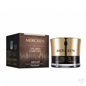 Mercilen kiinteyttävä kasvovoide ylellisessä mustakultaisessa purkissa ja voiteen tummanruskea teksturoitu myyntipakkaus.