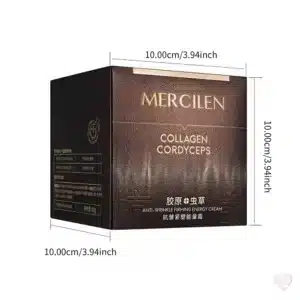 Mercilen kiinteyttävä kasvovoide ylellisessä mustakultaisessa purkissa ja voiteen tummanruskea teksturoitu myyntipakkaus.