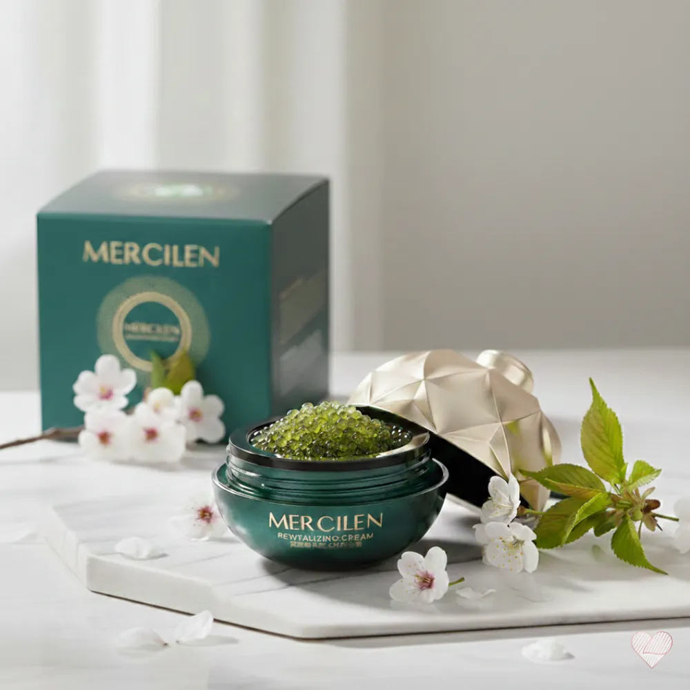 Vihreä Mercilen Merirypäle & Kollageeni -kasvovoidepurkki täynnä vihreitä helmiä, kultainen kansi, lusikka ja pakkaus.