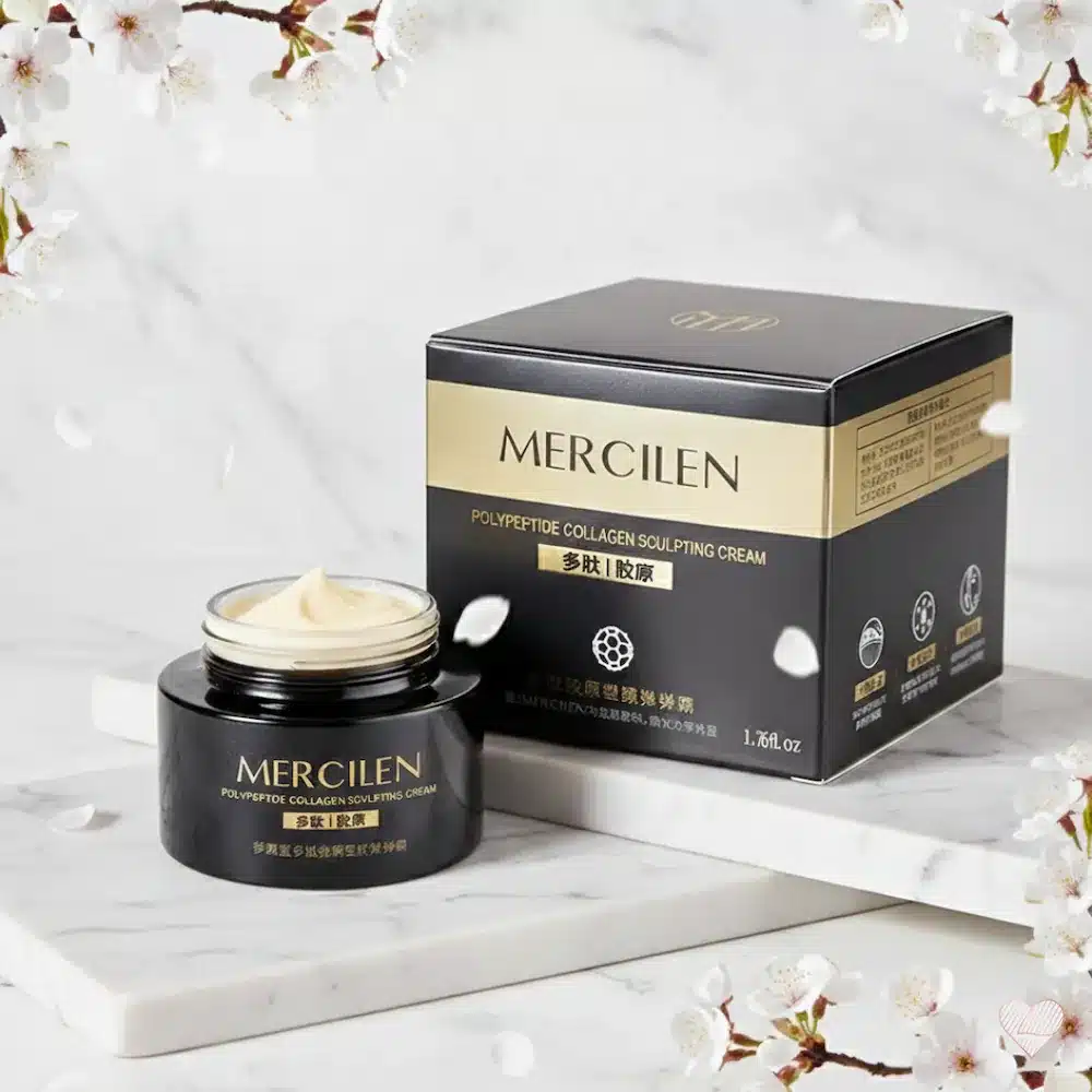 Tummanharmaa ja kultainen Mercilen Polypeptide Collagen -kasvovoidepurkki sekä tyylikäs mustakultainen pakkaus.