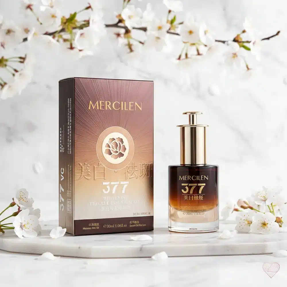 Kosteuttava Mercilen ruusu-hyaluronihapposeerumi liukuvärjätyssä lasipullossa ja ruusukuvioitu pronssinen pakkaus.