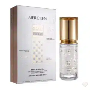 Kirkaslasinen Mercilen-hyaluronihapposeerumipullo kultaisella korkilla ja tyylikäs valko-kultainen tuotepakkaus.