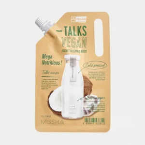 Vaaleanruskea, korkillinen pussipakkaus Missha Talks Vegan Pocket Mega Nutritious -yönaamiolle. Pakkauksen etupuolella on kuva valkoisesta mehu-uutepullosta, puolikkaasta kookospähkinästä sekä noni-hedelmästä. Yläosassa näkyy valkoinen EVE VEGAN -sertifikaattilogo.