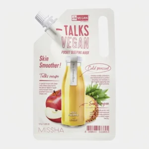 Vaaleanharmaa korkillinen taskupakkaus Missha Talks Vegan Pocket Skin Smoother Skin -yönaamiolle. Pakkauksen etupuolella on kuva keltaisesta lasipullosta, viipaloidusta punaisesta omenasta sekä ananaksesta, ja yläosassa näkyy Eve Vegan -sertifikaattilogo.