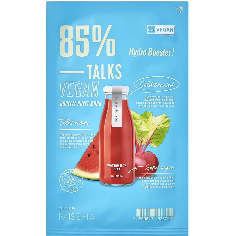 Missha Talks Vegan Squeeze Sheet Mask [Hydro Booster] on vesimelonia ja punajuurta sisältävä kangasnaamio saa ihon näyttämään tasaisemmalta ja kirkkaammalta.