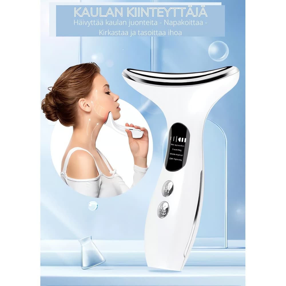 Tehokas 3-in-1 kauneudenhoitolaite kasvojen ja kaulan kohotukseen. Kiinteyttää veltostunutta ihoa
