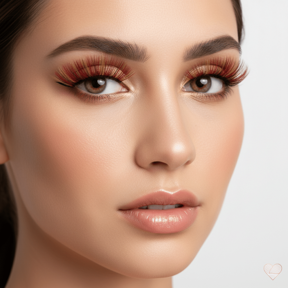 Lähikuva naisesta, jolla on näyttävät, punaiset ja kultaiset moniväriset irtoripset ja hehkuva meikki.