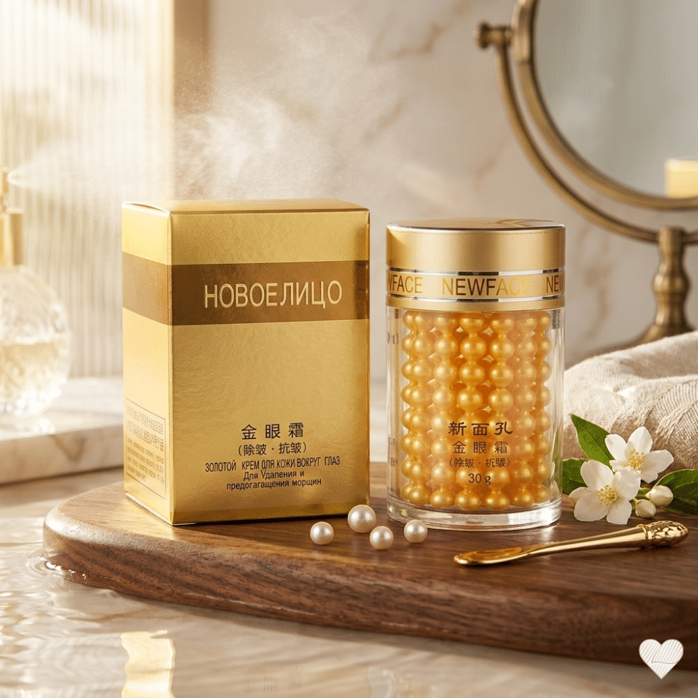 NewFace-silmänympärysseerumin kultaiset kapselit läpinäkyvässä purkissa ja kultainen myyntipakkaus puisella alustalla, ympärillään helmiä ja valkoisia kukkia.