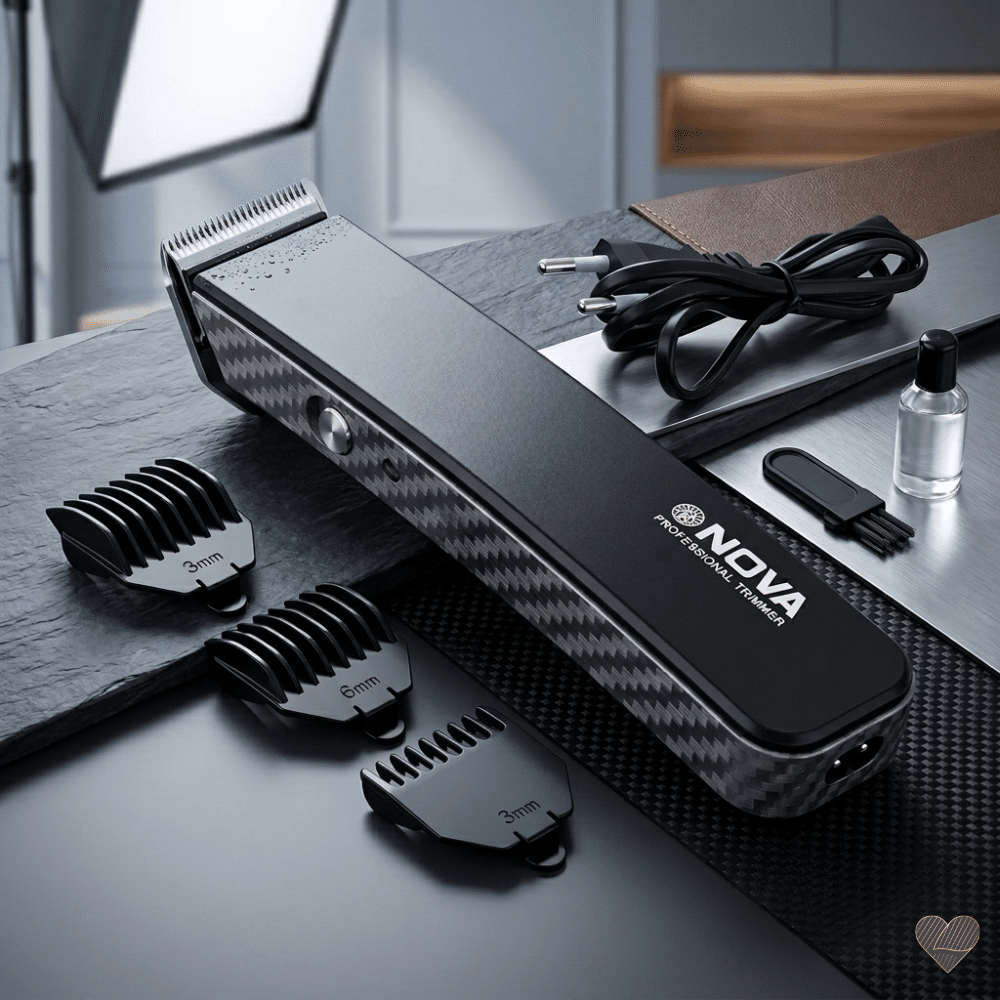 Hiilikuitukuvioitu NOVA NS-216 trimmeri, kolme ohjauskampaa, latausjohto ja öljypullo tyylikkäällä alustalla.