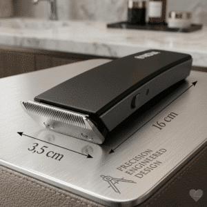 NOVA NS-216 trimmeri metallialustalla, jossa on merkittynä laitteen pituus 16 cm ja leveys 3,5 cm.