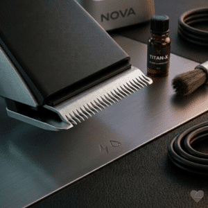 Lähikuva NOVA NS-216 trimmerin terästä, Titan-X voiteluöljypullosta ja puhdistusharjasta metallialustalla.