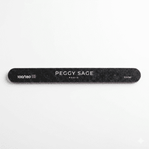 Yksittäinen musta Peggy Sage -kynsiviila vaakatasossa valkoisella taustalla. Viilassa on valkoinen Peggy Sage Paris -logo ja merkintä karkeusasteesta 100/180.