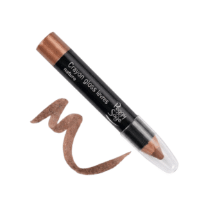 Peggy Sage Crayon gloss lèvres nature -huulikiiltokynä ja sen viereen tehty aaltoileva väriveto, joka esittelee luonnollisen vaaleanruskean, nuden sävyn valkoisella taustalla.