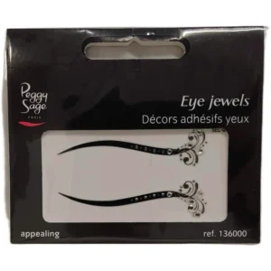 Mustassa pakkauksessa esitellyt Peggy Sage Eye Jewels Appealing -silmäkoristeet. Siipimäiset, mustat rajaukset on koristeltu kirkkailla strassikivillä ja näyttävillä kiehkurakuvioilla.