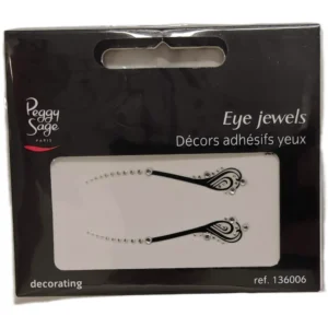 Mustassa pakkauksessa esitellyt itseliimautuvat Peggy Sage Eye Jewels Decorating -silmäkoristeet, joissa on kirkkaista strasseista muodostuva siro linja, musta rajaus ja kimaltein koristeltu pisaranmuotoinen kiehkurakuvio.