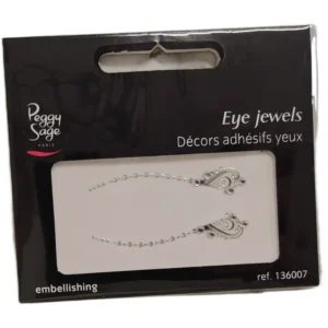 Mustassa pakkauksessa esitellyt itseliimautuvat Peggy Sage Eye Jewels Embellishing -silmäkoristeet, joissa on siro, kimaltava strassirivi ja koristeellinen hopeanhohtoinen ornamenttikuvio.