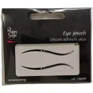 Mustassa myyntipakkauksessa esitellyt itseliimautuvat Peggy Sage Eye Jewels Ornamenting -silmäkoristeet, joissa on siipimäisesti kaartuva musta rajaus ja sen reunoja myötäilevät säihkyvät strassit.