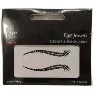 Mustassa pakkauksessa esitellyt itseliimautuvat Peggy Sage Eye Jewels Prettifying -silmäkoristeet, joissa on kaartuva musta rajaus, kaksi riviä kimaltavia strassikiviä ja terälehtimäinen kärkikuvio.