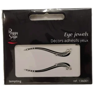 Mustassa pakkauksessa esitellyt Peggy Sage Eye Jewels Tempting -silmäkoristeet, joissa on siipimäisesti kaartuvat mustat kaksoisrajaukset ja kirkkaita kimaltavia strasseja.