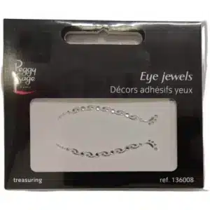 Mustassa pakkauksessa esitellyt itseliimautuvat Peggy Sage Eye Jewels Treasuring -silmäkoristeet, joissa on siro hopeanhohtoinen aaltokuvio ja kimaltavia kirkkaita strassikiviä.