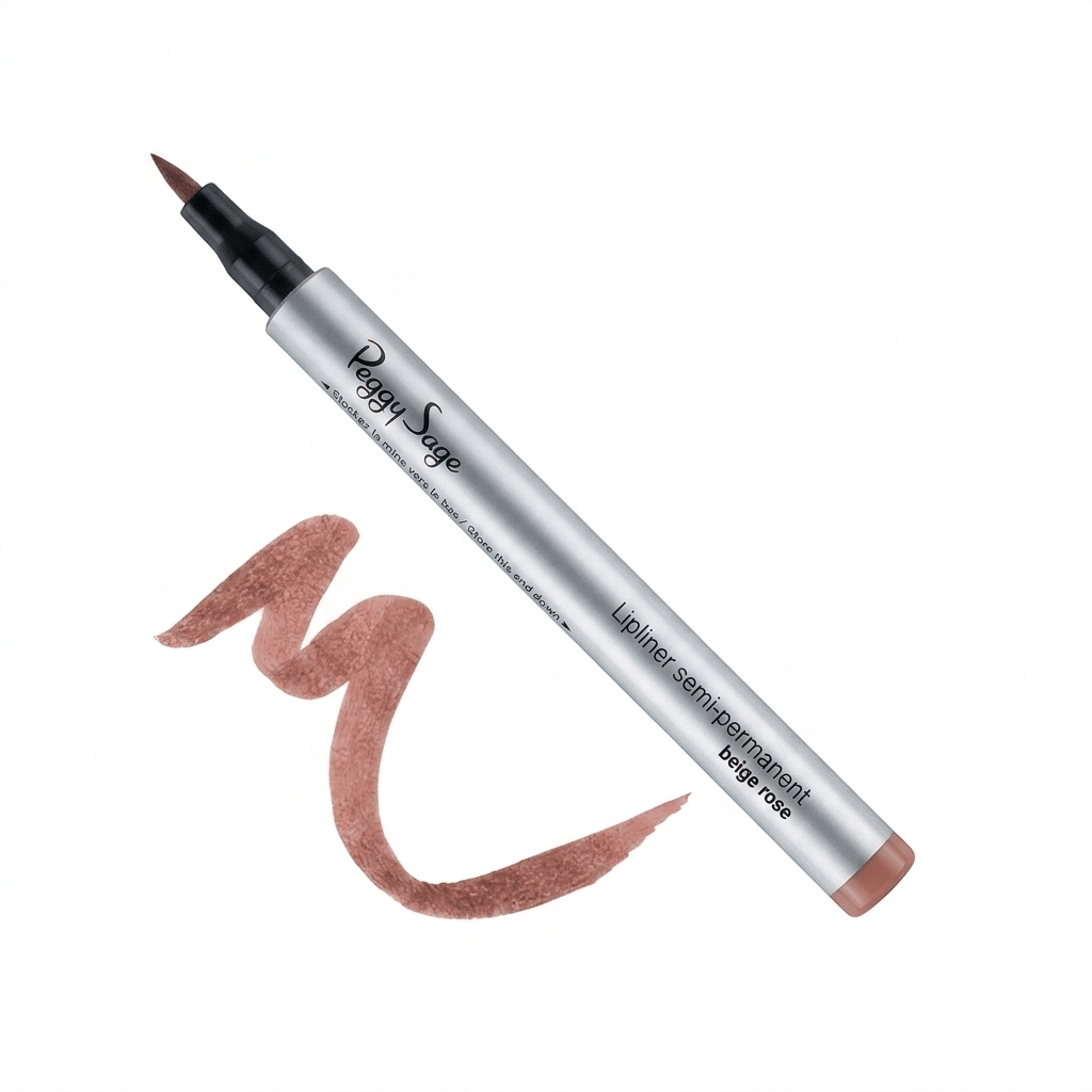 Peggy Sage Lipliner semi-permanent -huultenrajauskynä ja beigenroosa värinäyte puhtaalla valkoisella taustalla. Hopeanvärisessä kynässä on kuitukärki, ja sen vieressä on aaltomainen piirrosjälki, joka osoittaa kynän sävyn.