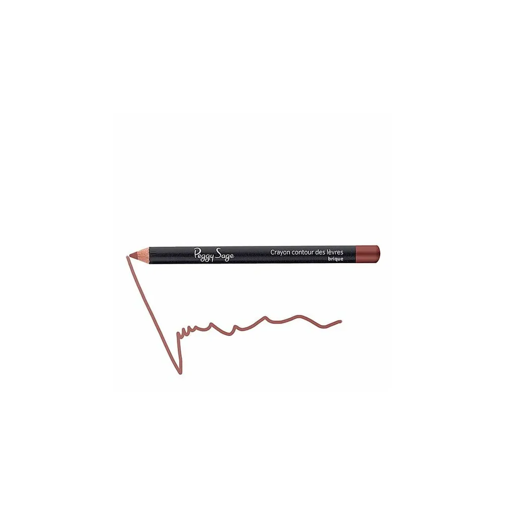 Mustavartinen Peggy Sage Brique -huultenrajauskynä vaakatasossa ja sen alapuolelle piirretty tiilenpunainen, siksak-muotoinen värimalli valkoisella taustalla.