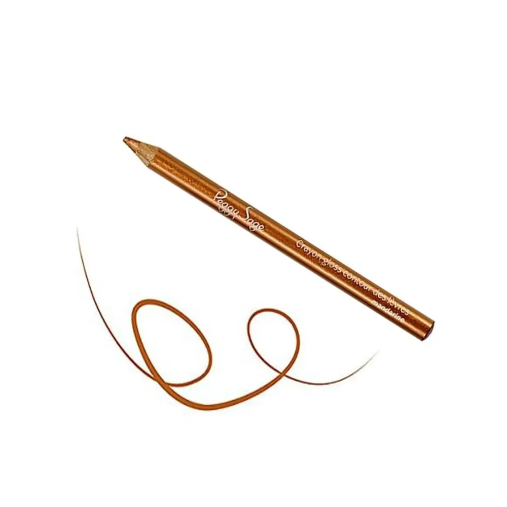 Metallinhohtoinen, kuparinoranssi Peggy Sage Gloss Mandarine -huultenrajauskynä ja sen alapuolelle piirretty kaareva, silmukan muotoinen värimalli valkoista taustaa vasten.