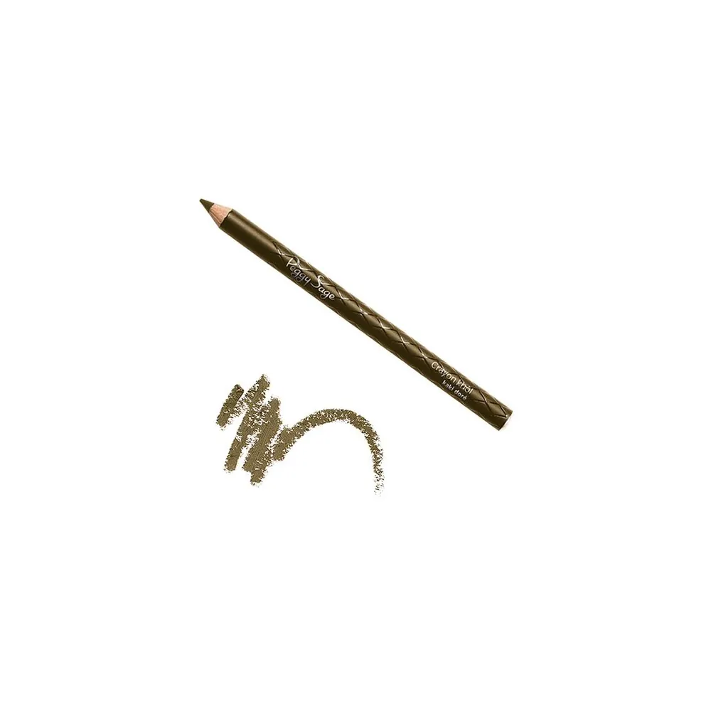 Khakinvihreä Peggy Sage Khol Eyeliner Kaki Doré -silmänrajauskynä ja sen alapuolelle piirretty kullanhohtoinen värimalli valkoista taustaa vasten.