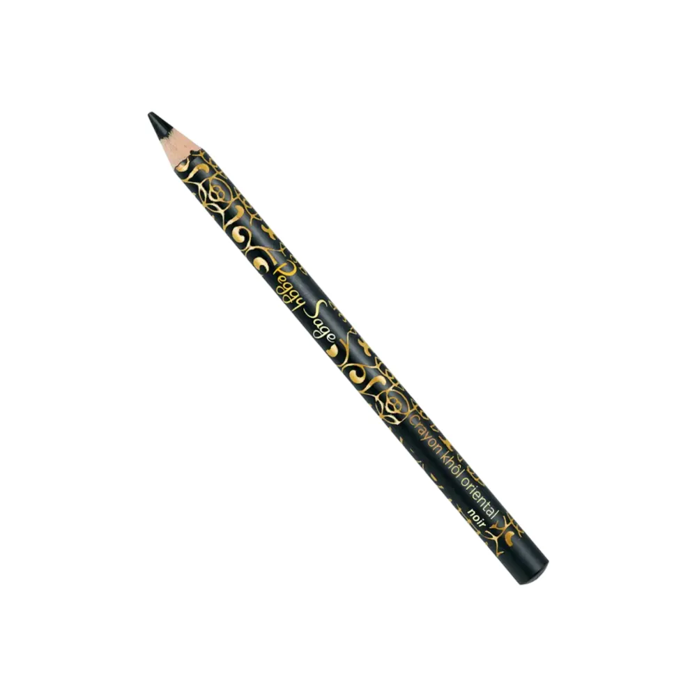 Musta Peggy Sage Crayon Khôl Oriental -silmänrajauskynä, jonka vartta koristavat tyylikkäät kultaiset itämaiset kuviot, aseteltuna viistosti valkoista taustaa vasten.