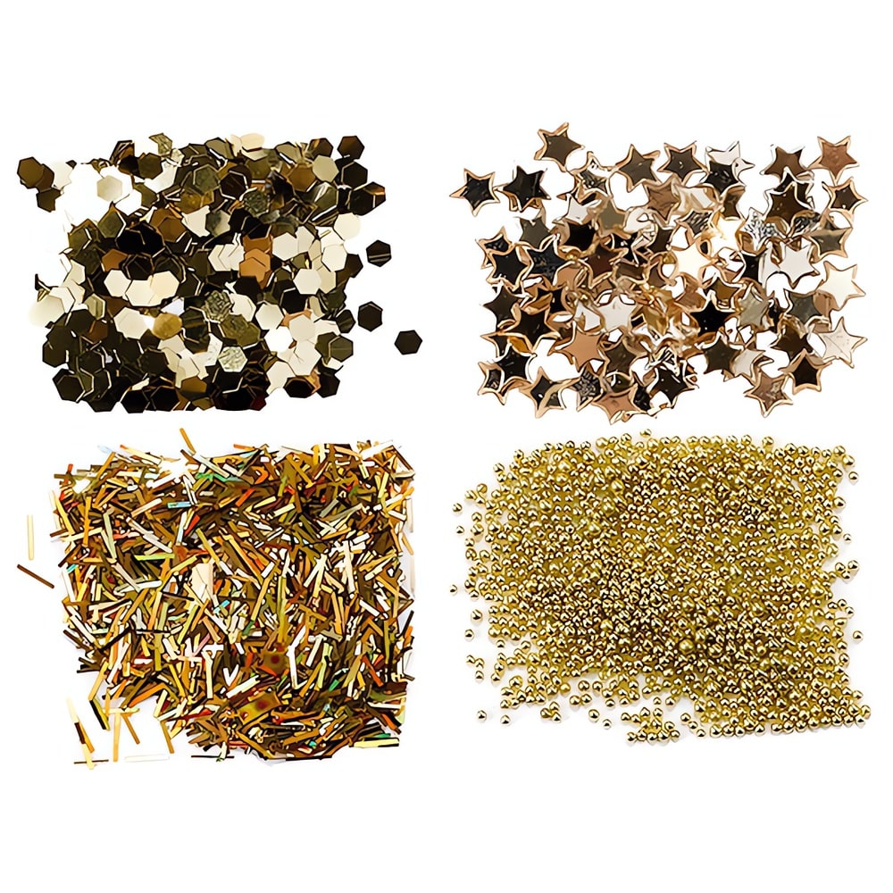 Tee kynsistäsi persoonalliset ja säihkyvät! Tämä kompakti setti sisältää 4 kultasävyistä glitteriä luomaan ylellisiä ja uniikkeja lookeja. Helppo käyttää.