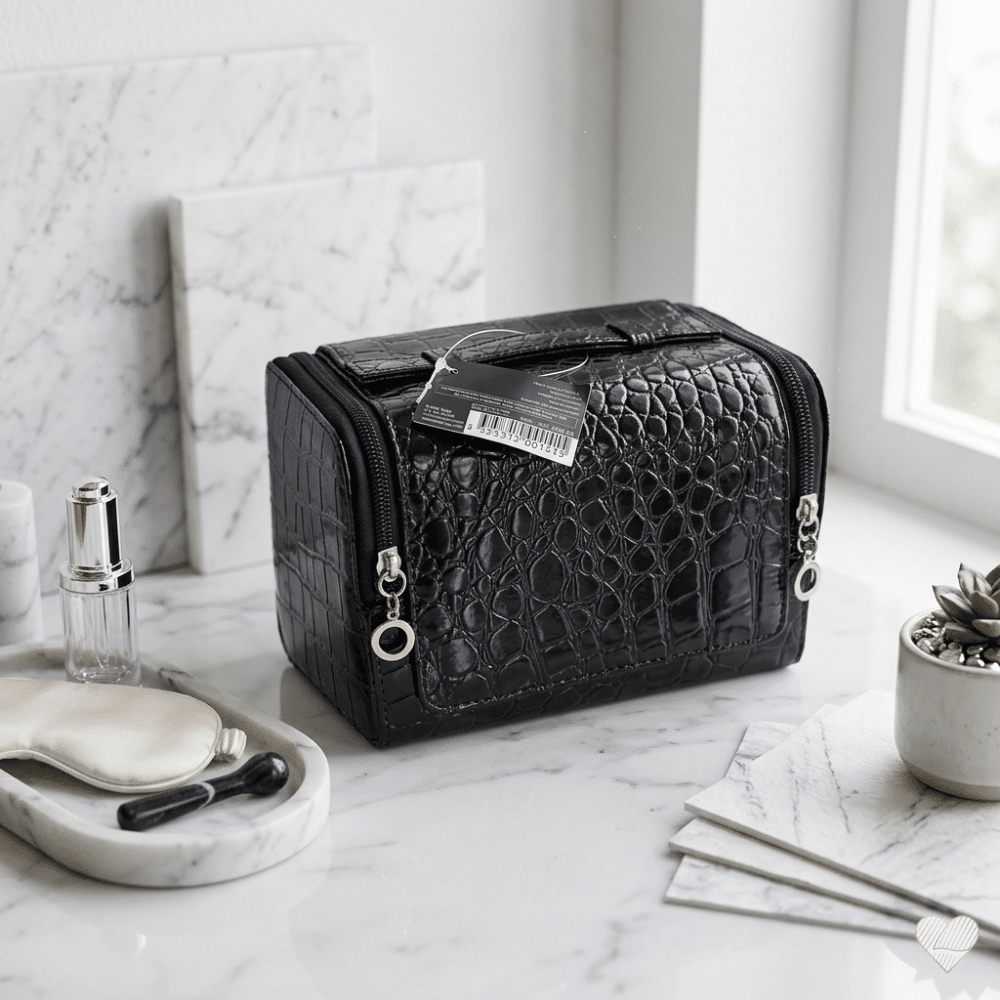 Musta krokotiilikuioinen Peggy Sage kynsilakkalaukku marmorialustalla kauneustuotteiden vieressä.