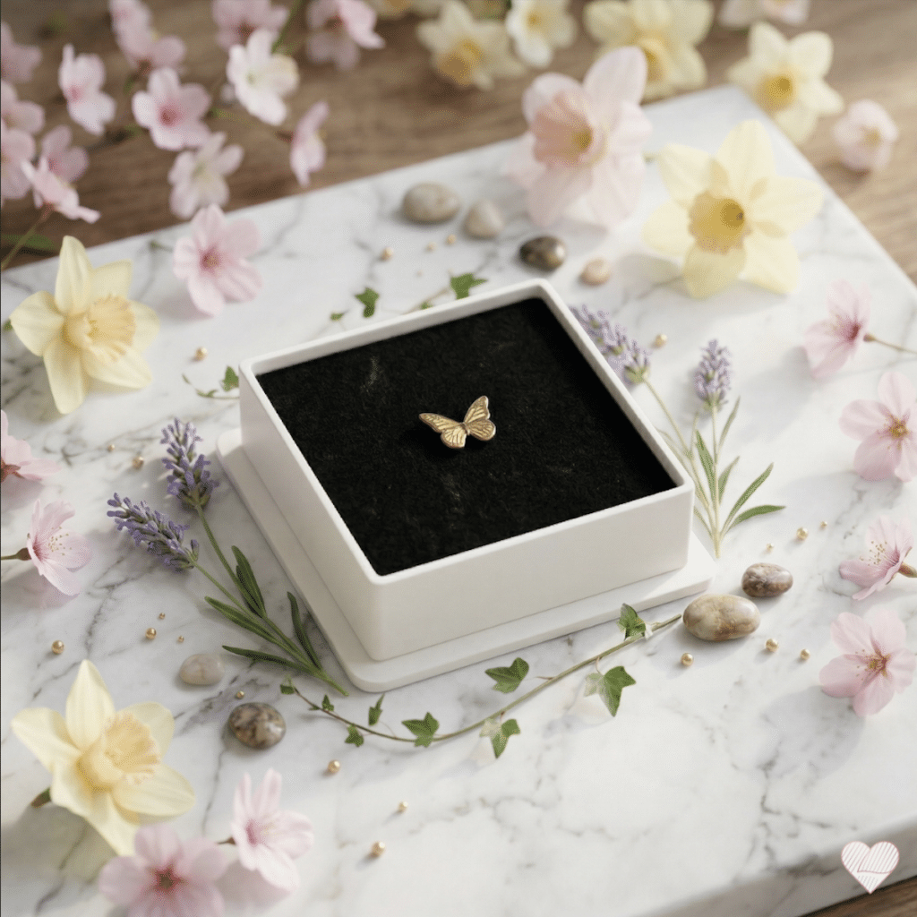 Kultainen perhosen muotoinen Peggy Sage kynsilävistyskoru mustalla pehmusteella kukkien ympäröimänä.