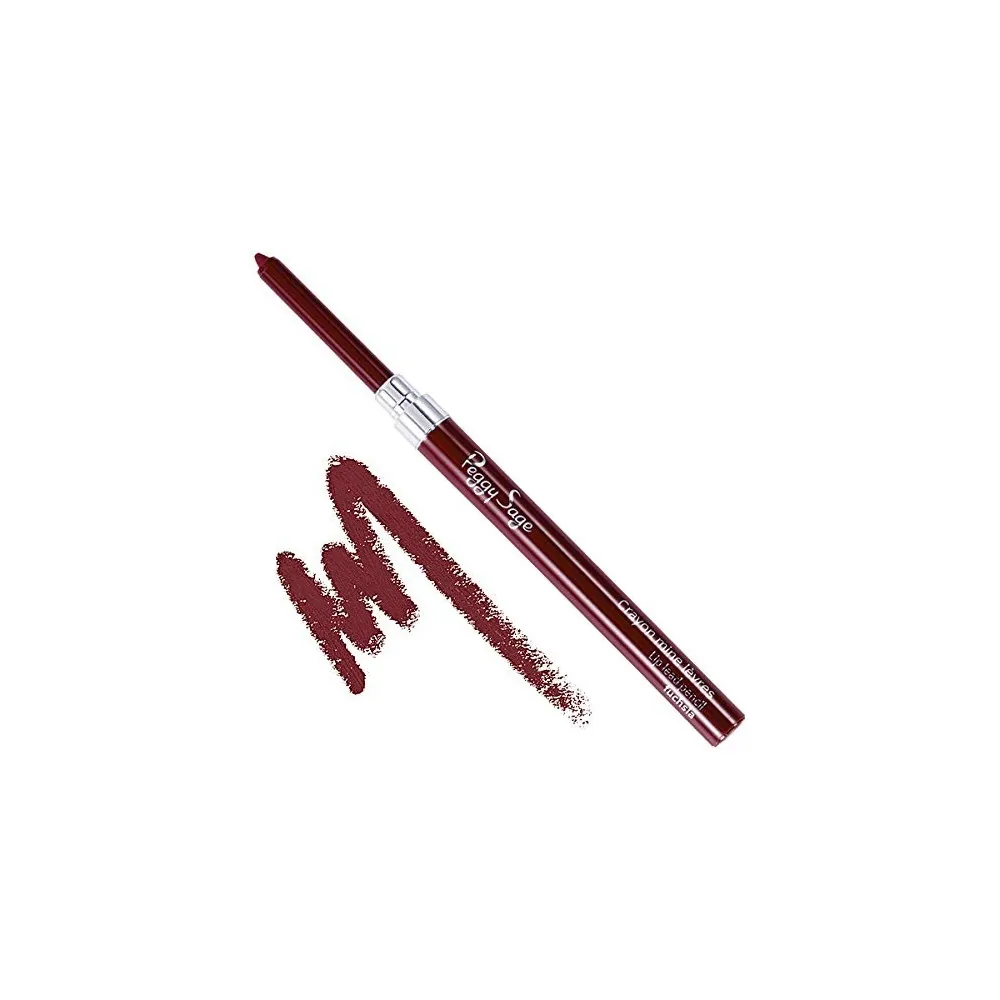 Syvän fuksian sävyinen Peggy Sage Lip Lead Pencil Fuchsia -huultenrajauskynä ja sen alapuolelle siksak-kuvioon piirretty intensiivinen värimalli valkoista taustaa vasten.