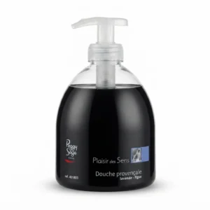 Peggy Sage Plaisir des Sens Douche provençale -suihkugeeli 495 ml pullo pumppumekanismilla ja tummalla nesteellä.