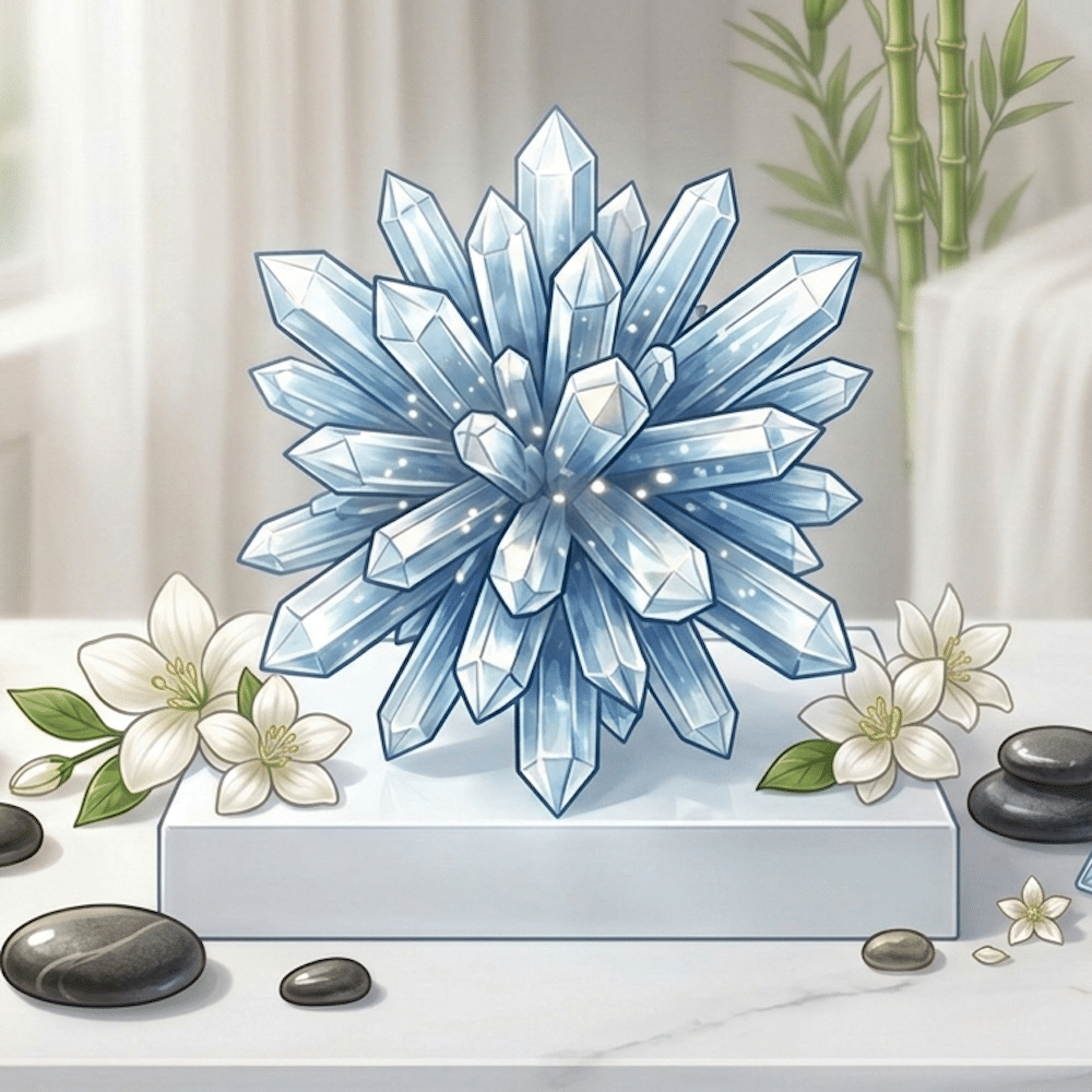 Suuri sinertävä proteiinikristalli valkoisella alustalla, ympärillään valkoisia kukkia ja sileitä kiviä.