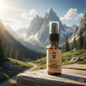 Ruskea lasinen suihkepullo, jonka kultaisessa etiketissä lukee QBÉKA Beard Growth Spray ja on parrakkaan miehen kasvokuva.