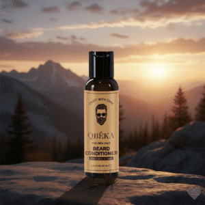 Ruskea QBÉKA-partahoitoainepullo valkoisella taustalla. Kullanvärisessä etiketissä on mustalla parrakkaan miehen kasvokuva.