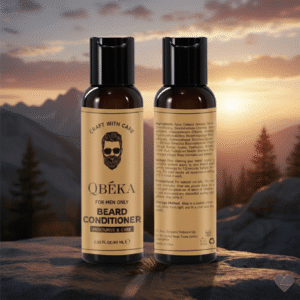 Ruskea QBÉKA-partahoitoainepullo valkoisella taustalla. Kullanvärisessä etiketissä on mustalla parrakkaan miehen kasvokuva.