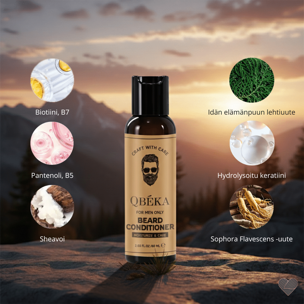 Ruskea QBÉKA-partahoitoainepullo valkoisella taustalla. Kullanvärisessä etiketissä on mustalla parrakkaan miehen kasvokuva.