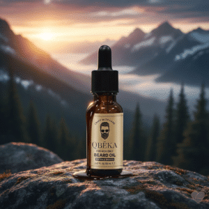 Ruskea lasinen pipettipullo, jonka kultaisessa etiketissä lukee QBÉKA Beard Oil ja on parrakkaan miehen kasvokuva.