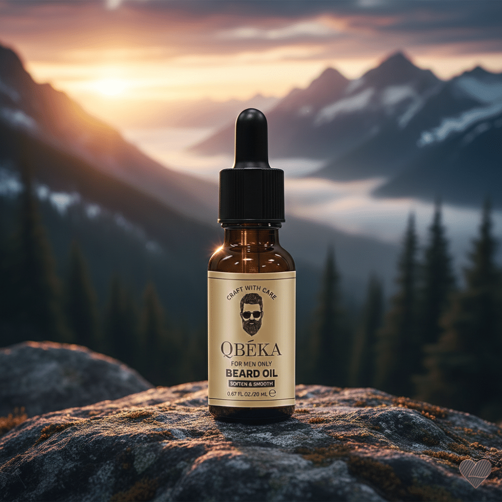 Ruskea lasinen pipettipullo, jonka kultaisessa etiketissä lukee QBÉKA Beard Oil ja on parrakkaan miehen kasvokuva.