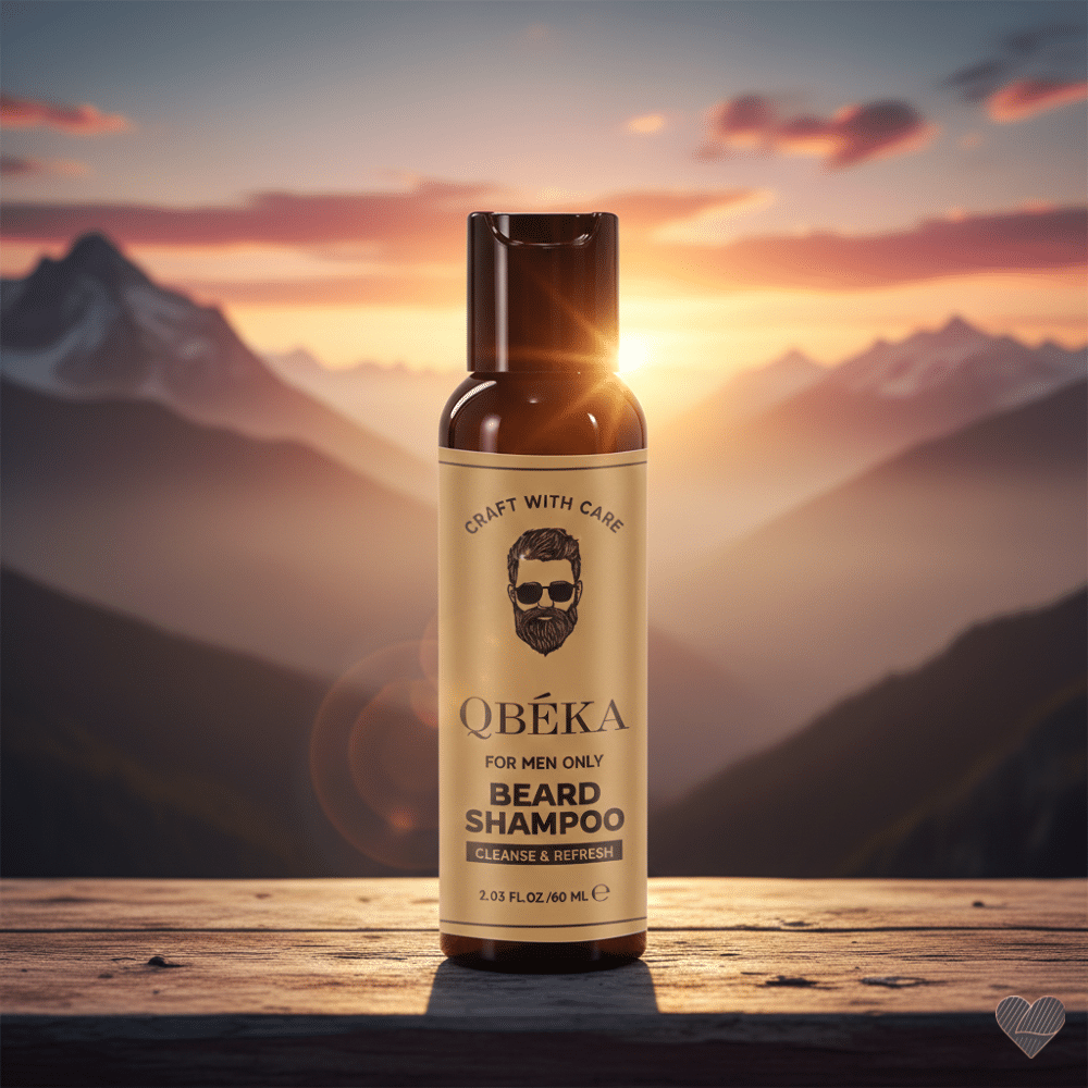 Ruskea QBÉKA-partashampoopullo valkoisella taustalla, pullossa musta korkki ja kullanvärinen etiketti.