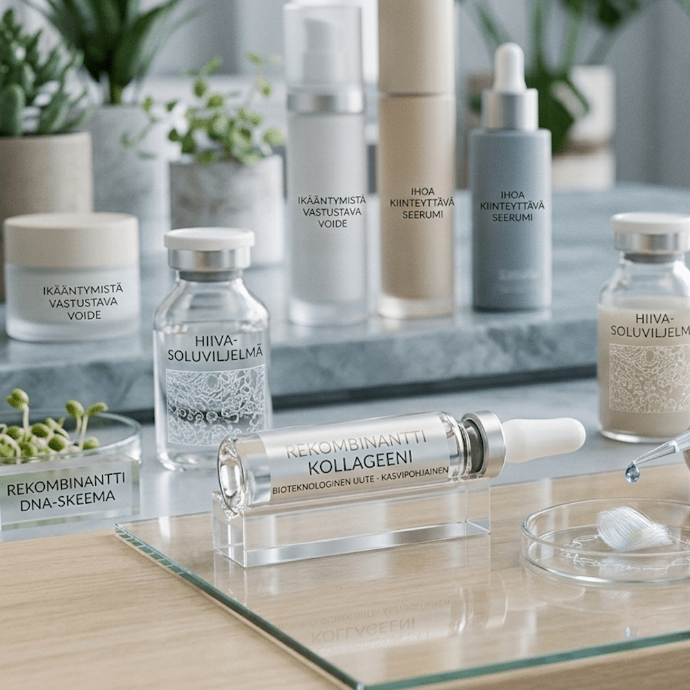 Laboratorioympäristö, jossa on rekombinantti kollageeni -pullo, hiivasoluviljelmiä ja ihoa kiinteyttäviä seerumeita.