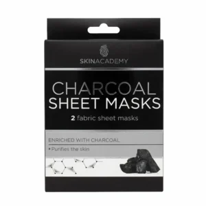 Skin Academy Charcoal Sheet Masks -pakkaus, joka sisältää 2 syväpuhdistavaa hiili-kangaskasvonaamiota. Musta-harmaassa pakkauksessa on sormenjälkilogo ja kuva lääkehiilen palasista.