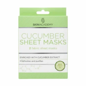 Skin Academy Cucumber Sheet Masks -pakkaus, joka sisältää 2 raikastavaa kurkkukangaskasvonaamiota. Vaaleanvihreässä ja valkoisessa pakkauksessa on sormenjälkilogo, tuotetekstit sekä viipale tuoretta kurkkua.